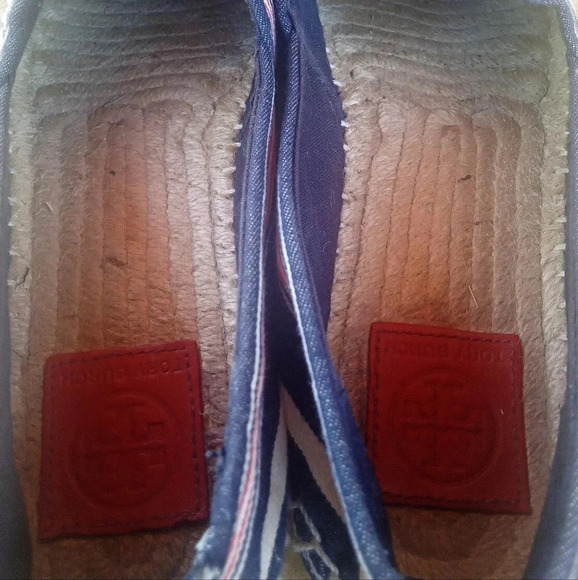 Tory Burch Nautical Blue Stripe Leather Cap Toe Jute Espadrilles Size 9 - Picture 8 of 8